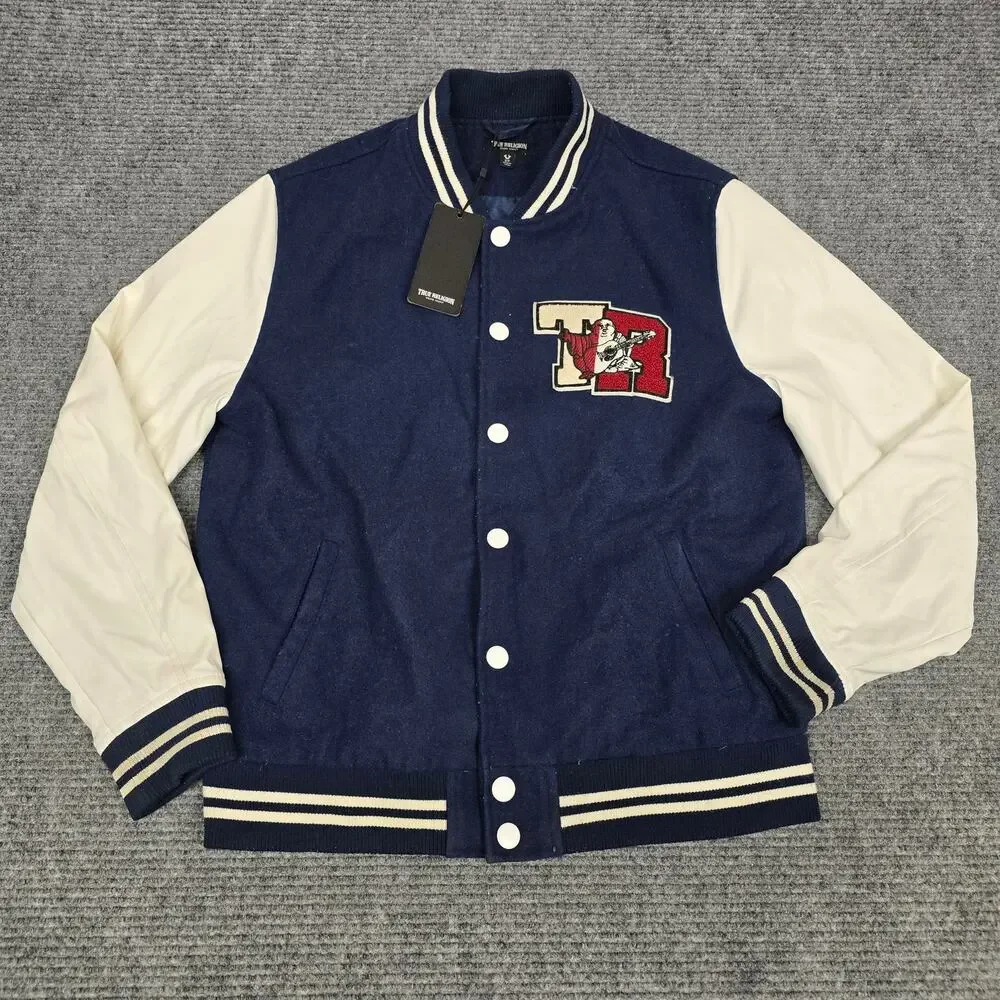 True Religion Varsity Jacket Mens S Navy White HS Patch Chenille NWT Flaw